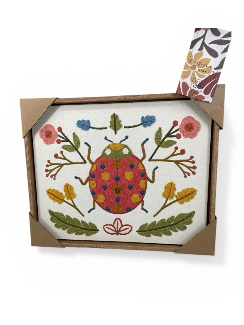 BP Home Embroidered Botanical Ladybug Wall Art – 12x15, New, Framed Textile